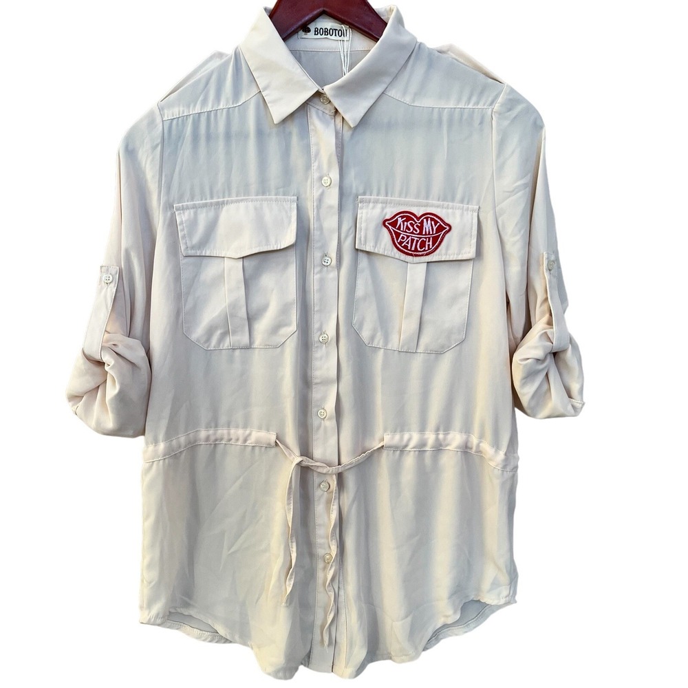 BOBOTOU Shirt Womens M Beige Tan Tab Sleeve Drawstring Kiss My Patch 90s